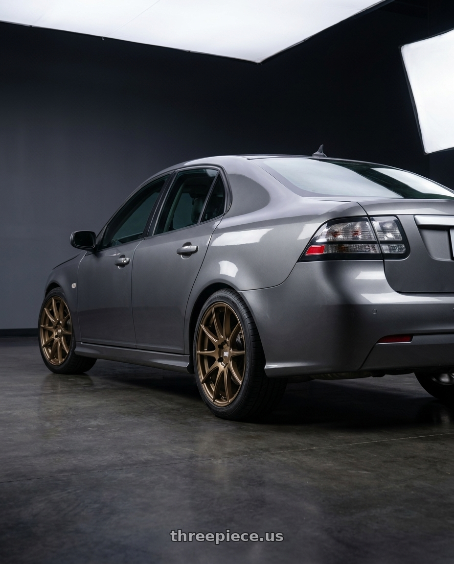 2011 Saab 9-3 with 1AV ZX14 5x110 18x8.5 +38 Bronze wheels rear three quarter view square tires