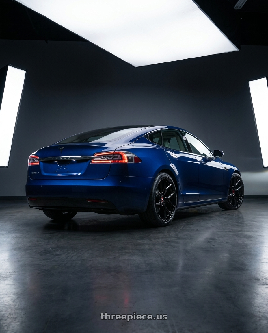 2019 Tesla model S with VOSSEN HF-5 5X120 21x12 +52 GLOSS BLACK wheels rear three quarter view square tires