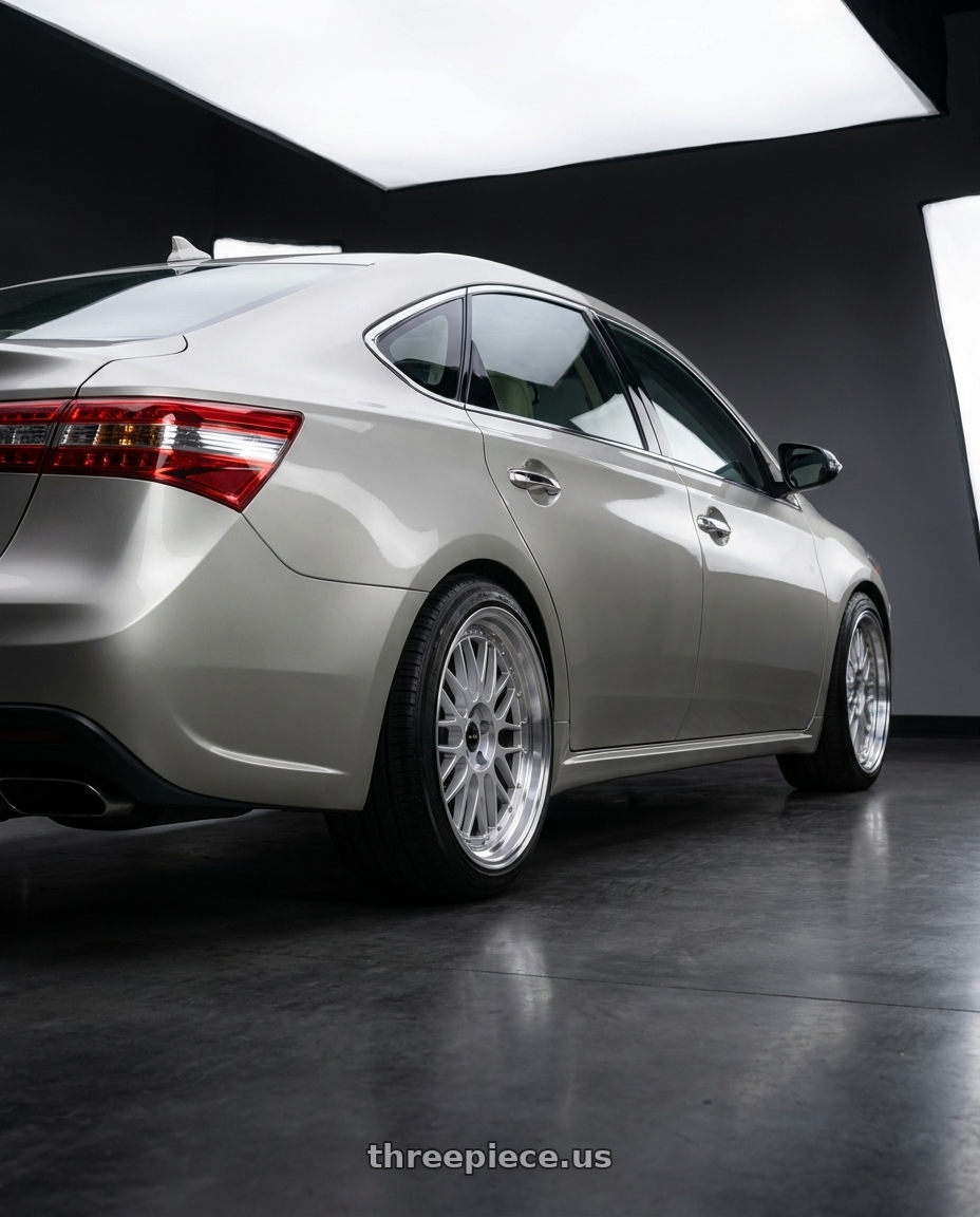 2013 toyota avalon with Vors VR8 5x114.3 18x9  +35 Silver Machine Lip Chrome Rivet wheels rear three quarter view slight stretch tires