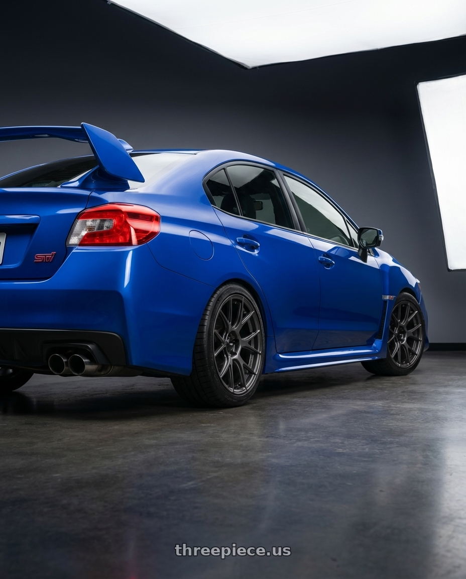 2018 Subaru WRX STI with Konig Ampliform 5x114.3 18x10+20 Dark Metallic Graphite wheels rear three quarter view square tires