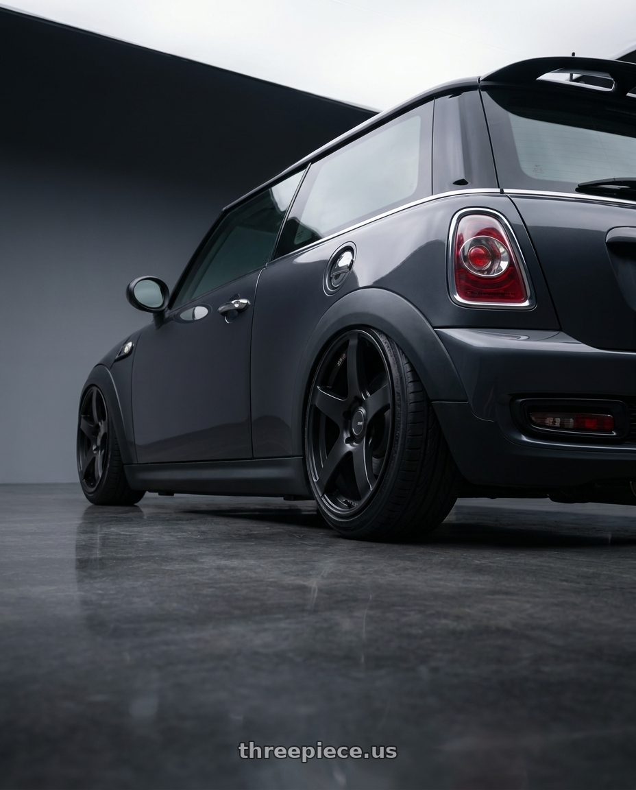 2010 Mini Cooper S R56 with Ssr Gtv01 4x100 17x7+42  FLAT BLACK wheels rear three quarter view slight stretch tires