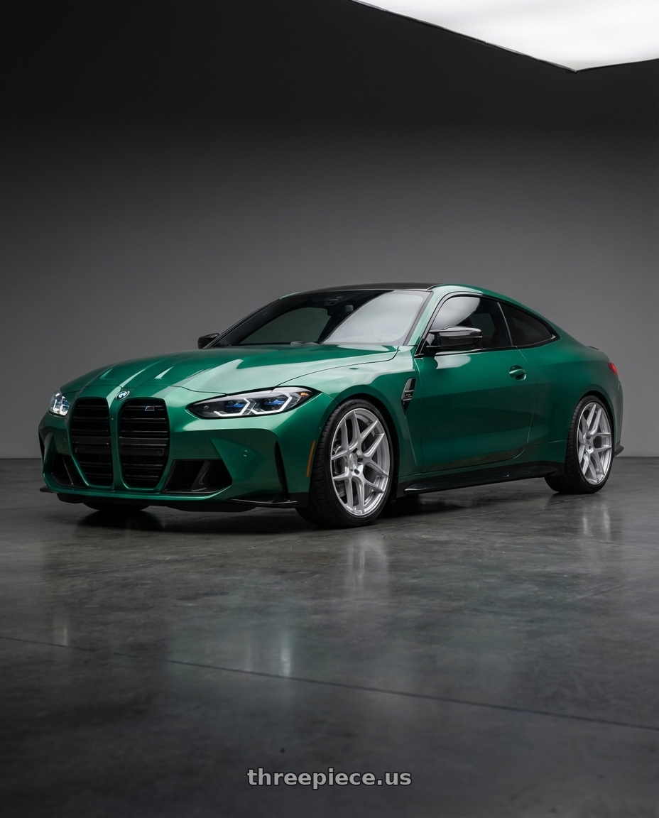 2024 BMW M4 G82 with Aodhan AFF2 5x112 19x8.5+35 Gloss Silver Machined Face wheels front three quarter view lowered stance