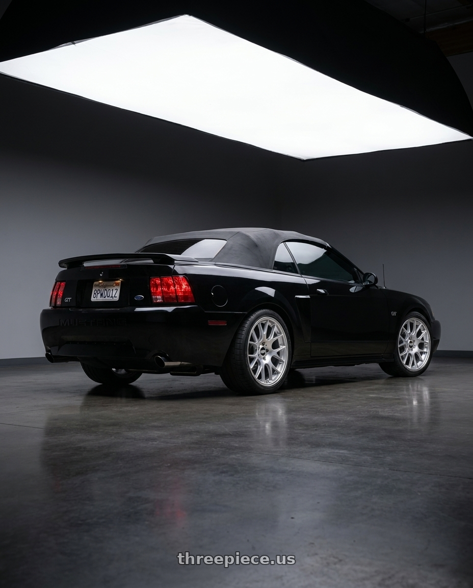2001 ford mustang gt with BBS CH-R 5x130 19x11 +56 Brilliant Silver Polished Rim Protector wheels rear three quarter view square tires
