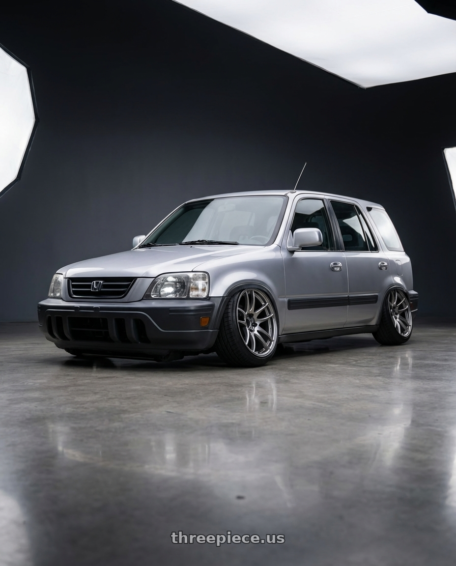 1999 Honda CR-V with Work Emotion Cr Kiwami 4x100 17x7 +38 Gt Silver wheels front three quarter view stanced stance