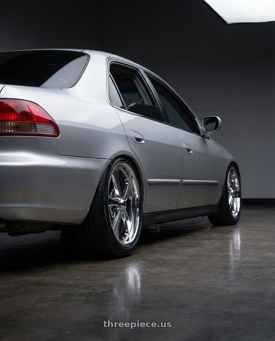 2002 honda accord with Ridler Type 645 5x114.3 18x9.5+0 Chrome wheels rear three quarter view slight stretch tires