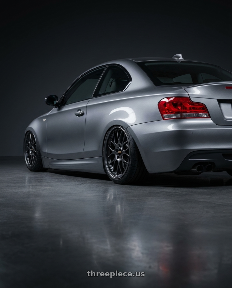 2012 BMW 1 Series E82 with BBS RG-R 5x120 19x8.5+32 Diamond Black wheels rear three quarter view slight stretch tires