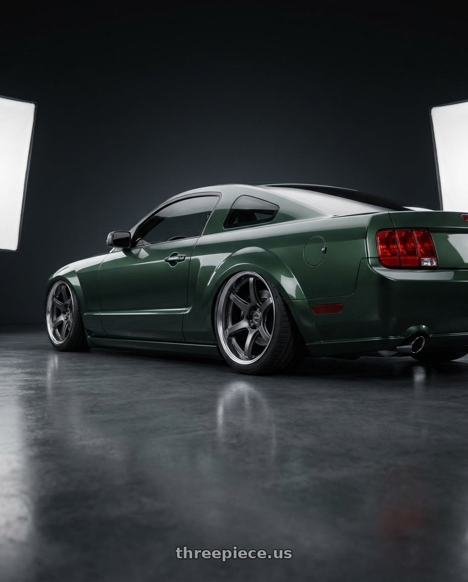 2008 ford mustang Bullitt with Work Emotion T7R 2P wheels rear three quarter view square tires