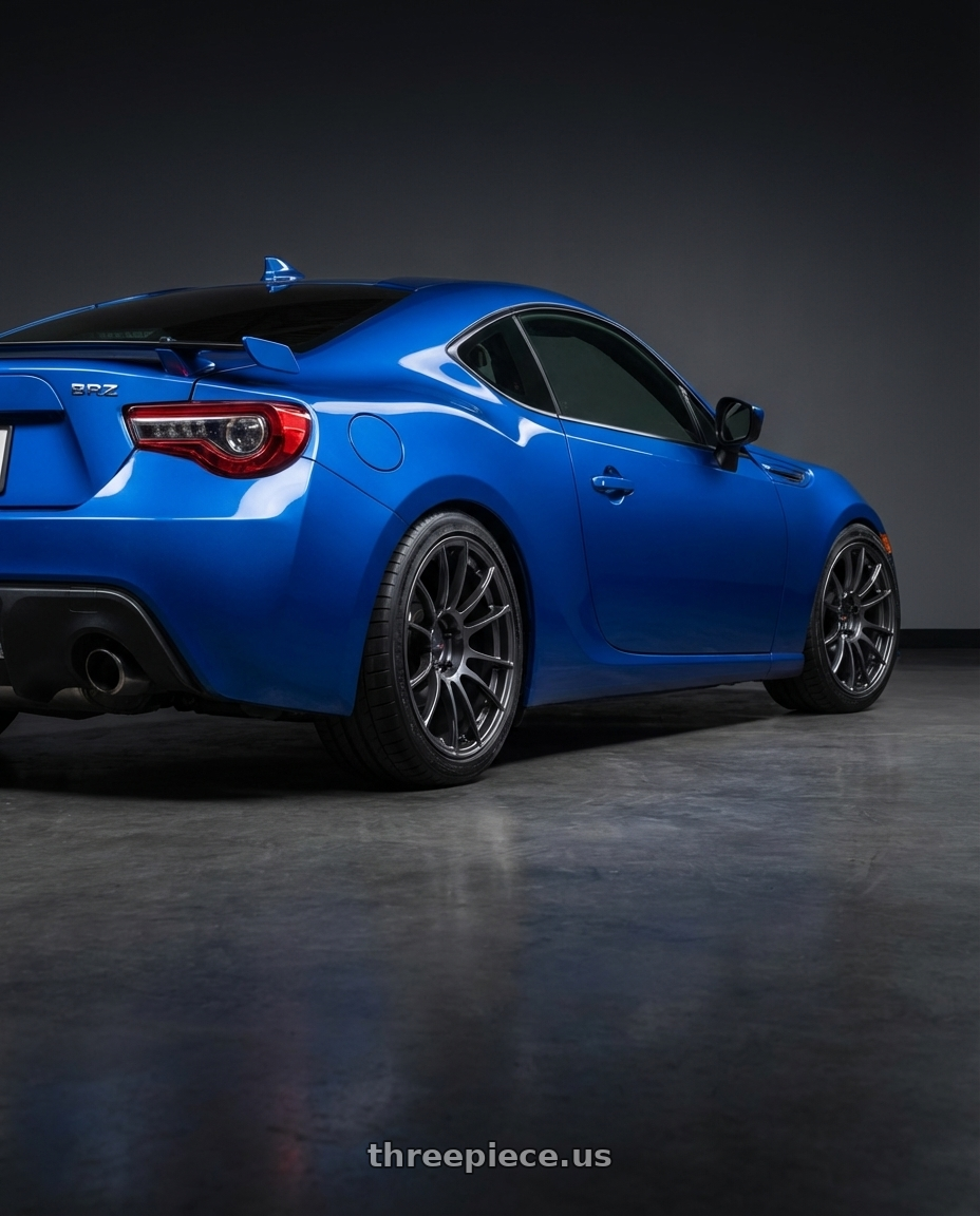 2017 Subaru BRZ with Ssr Gtx04 5x100 17x9+38  DARK GUNMETAL wheels rear three quarter view square tires