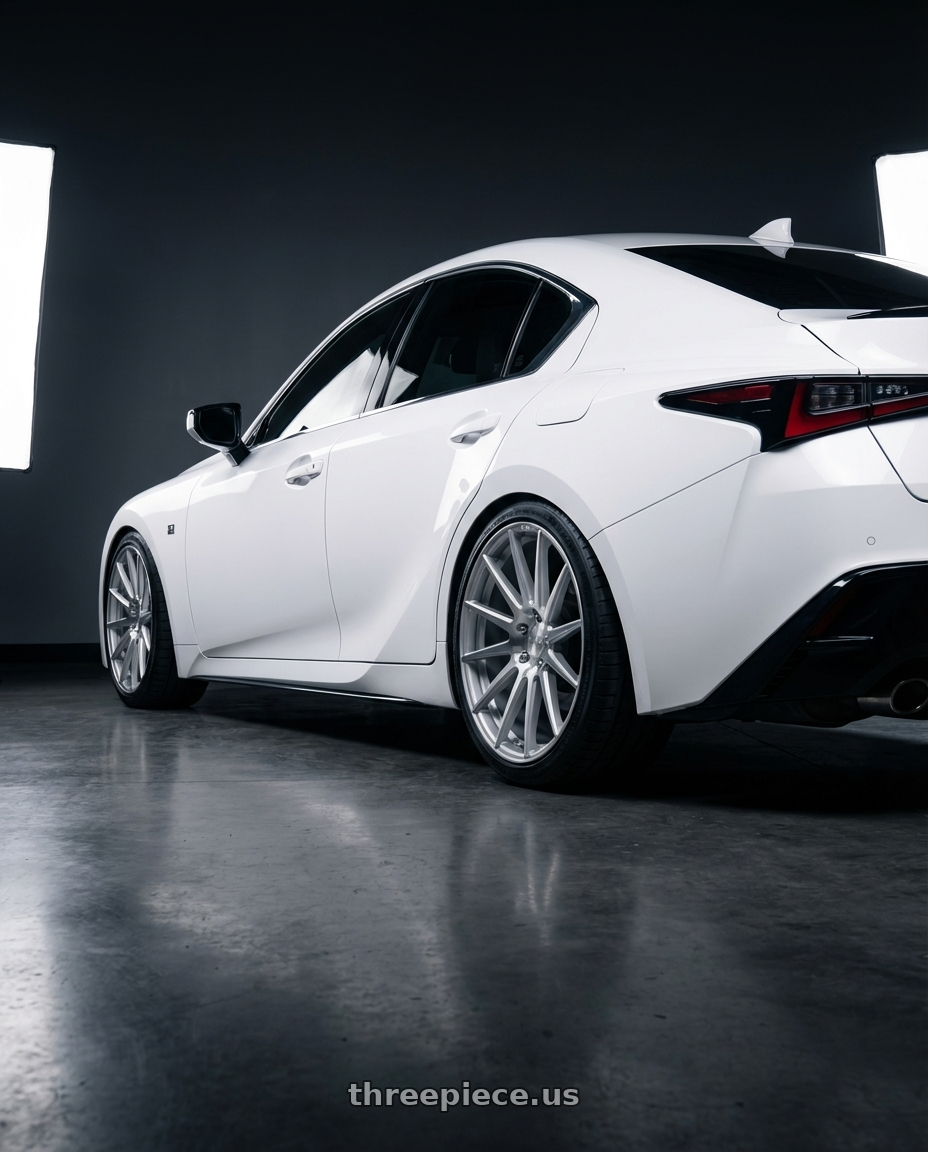 2024 Lexus IS 350 with Niche 1PC M112 SURGE 5X114.3 19X8.5 +35 GLOSS SILVER MACHINED wheels rear three quarter view square tires