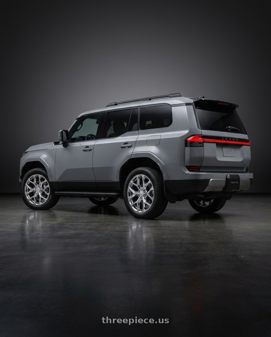 2025 Lexus GX-550 Grey with OE Performance 176 6x139.7 20x9 +24 Chrome Plated wheels rear three quarter view square tires