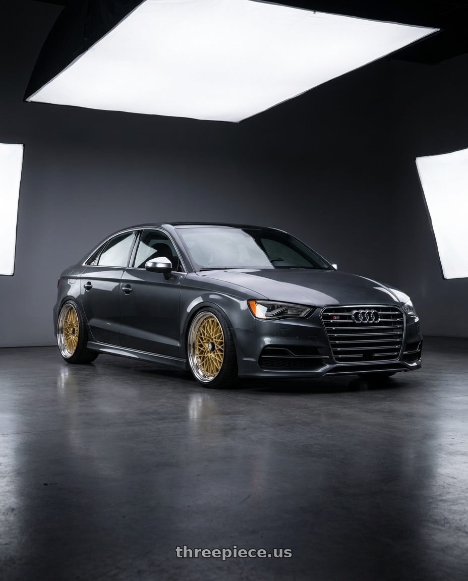 2015 Audi S3 with SSR Formula MESH 5x112 19X10.5+30 NR Disk Fm Gold wheels front three quarter view lowered stance
