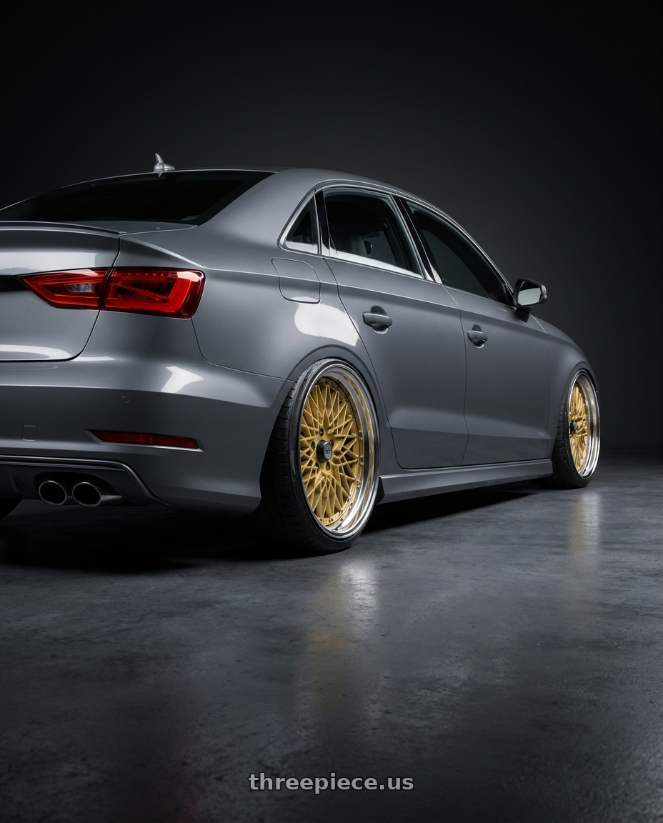 2015 Audi S3 with SSR Formula MESH 5x112 19X10.5+30 NR Disk Fm Gold wheels rear three quarter view extreme stretch tires
