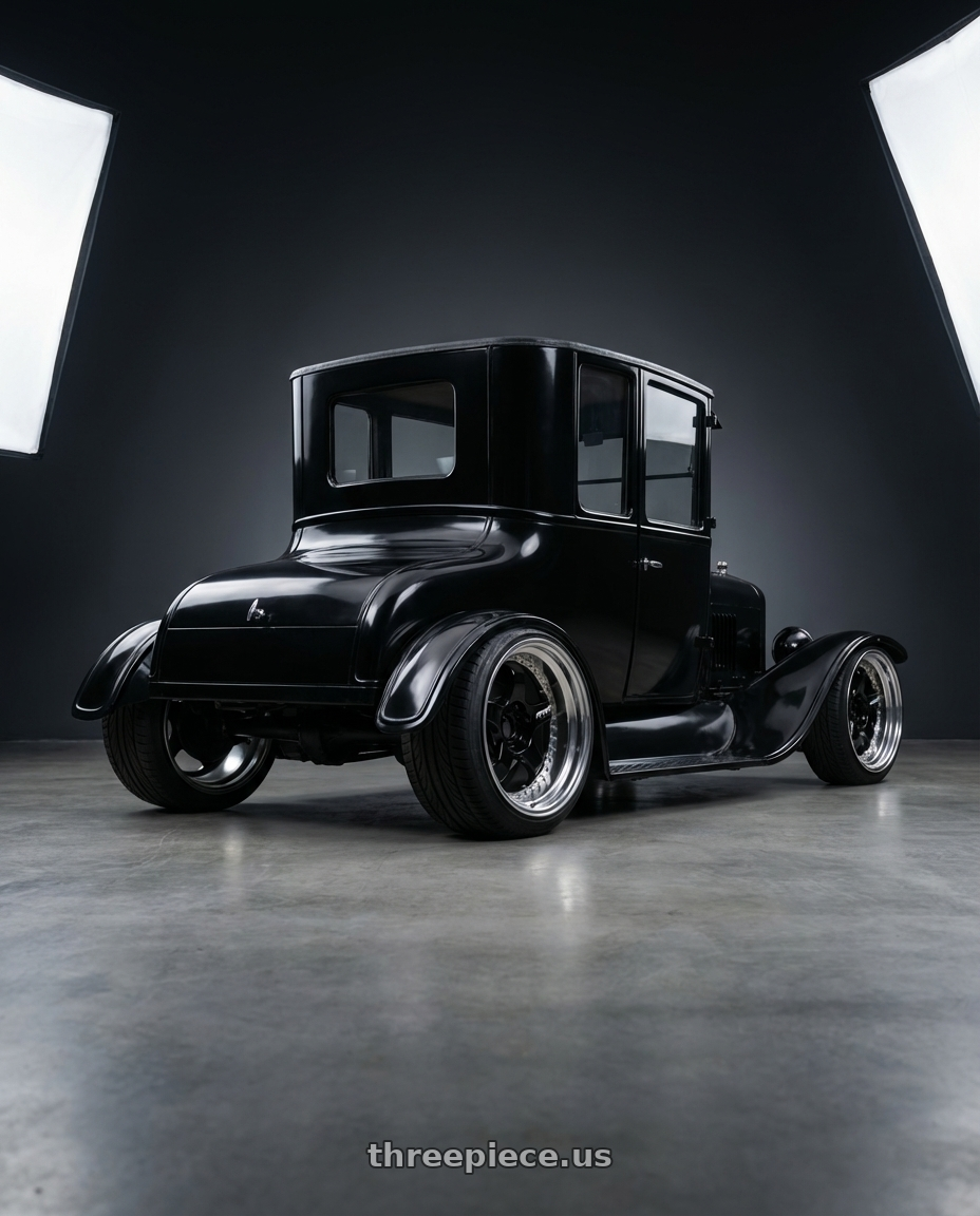1924 Ford Model T with Work Meister S1 3P 5x100 18x7+48 A Disk Black wheels rear three quarter view extreme stretch tires