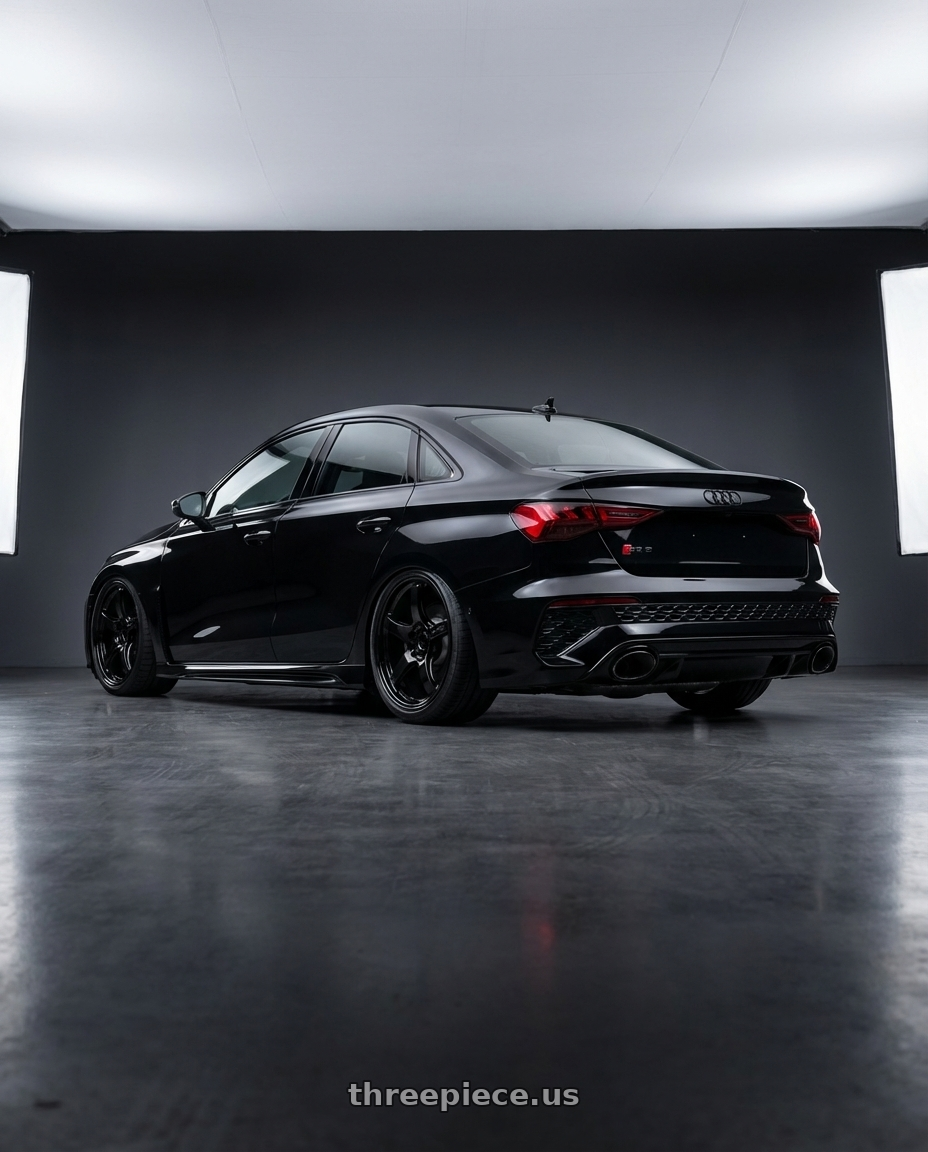 2022 Audi RS3 8Y with Gram Lights 57CR 5x112 19x10.5+22 Glossy Black wheels rear three quarter view slight stretch tires