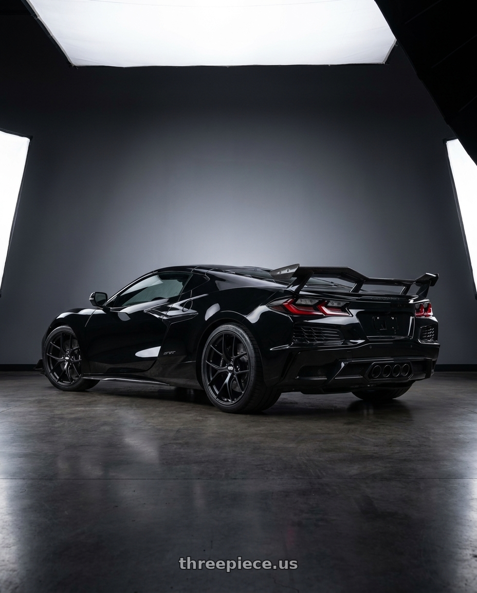2024 Chevy Corvette Z06 with BBS FI 5x120 20x9.5 +26 Black Satin wheels rear three quarter view square tires
