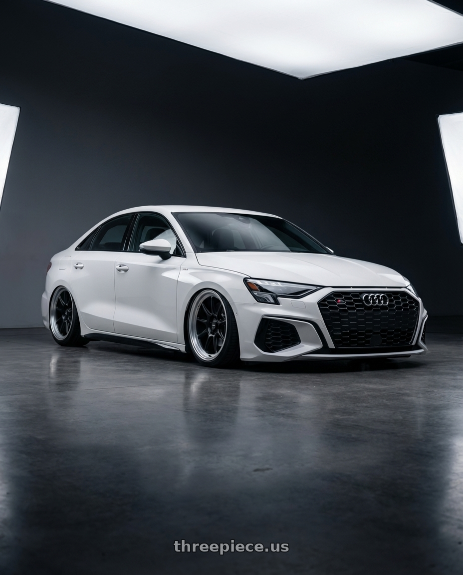 2024 Audi S3 8Y with Konig Countergram 5x112 19x9.5+30 Matte Black / Matte Machined Lip wheels front three quarter view stanced stance