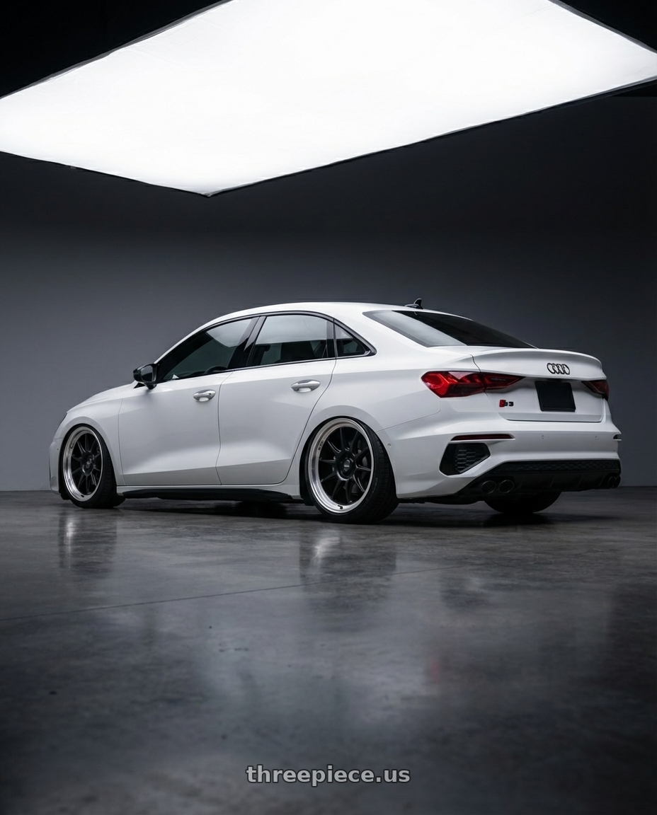 2024 Audi S3 8Y with Konig Countergram 5x112 19x9.5+30 Matte Black / Matte Machined Lip wheels rear three quarter view slight stretch tires