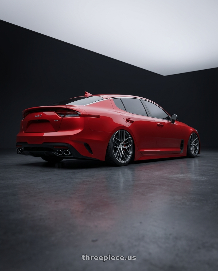 2022 Kia Stinger GT with BBS CC-R 5x114.3 19x8.5+30 Graphite w/ Diamond Cut Face wheels rear three quarter view slight stretch tires