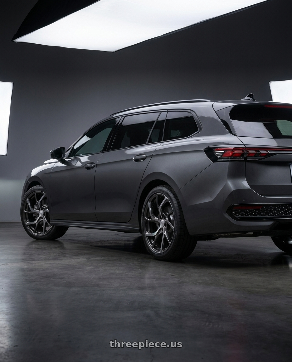 2025 Passat Variant with Volk Racing VMF C-01 5x114.3 20x9 +25 SHINING BLACK METAL / DC* wheels rear three quarter view square tires