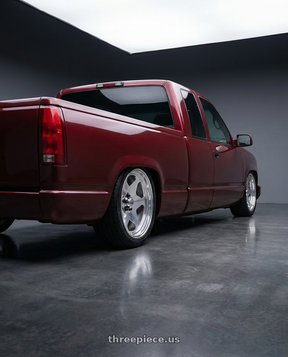 1998 chevy c150, base maroon with US Mag 1PC UC144 OBS 5X127 20x10 +6 FULLY POLISHED wheels rear three quarter view slight stretch tires