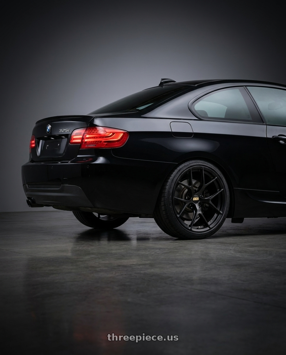 2011 e92 325i m sport lci with BBS FI-R 5x120 19x9.5+22 Satin Black wheels rear three quarter view square tires