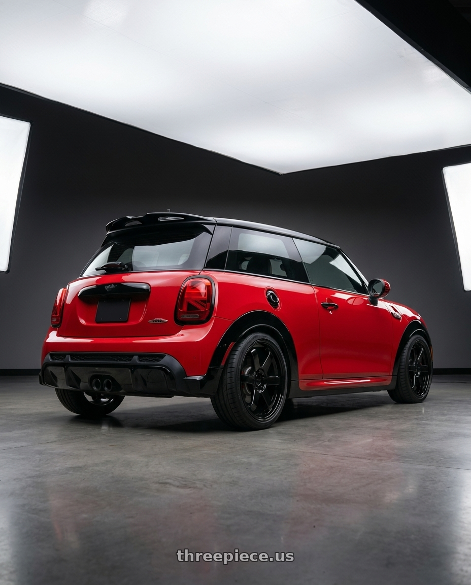 2025 mini jcw with KATANA RACING KR08 5x112 18x8 +40 Glossy Black wheels rear three quarter view square tires