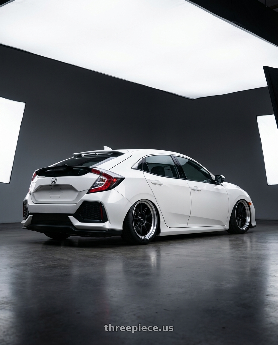 2019 Honda Civic with Konig Countergram 5x114.3 19x9.5+25 Matte Black / Matte Machined Lip wheels rear three quarter view slight stretch tires