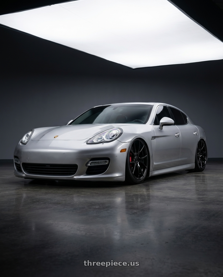 2012 Porsche Panamera  with OEP 161B 5X115 22x10 +18 Gloss Black wheels front three quarter view stanced stance