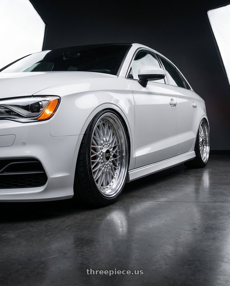 2015 Audi S3 with BBS Super 5x112 19x10 +40 Diamond Silver wheels front three quarter view lowered stance