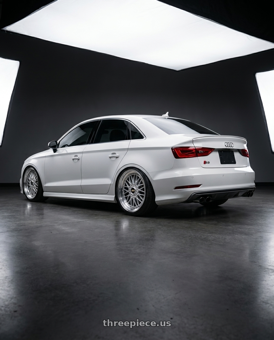2015 Audi S3 with BBS Super 5x112 19x10 +40 Diamond Silver wheels rear three quarter view extreme stretch tires
