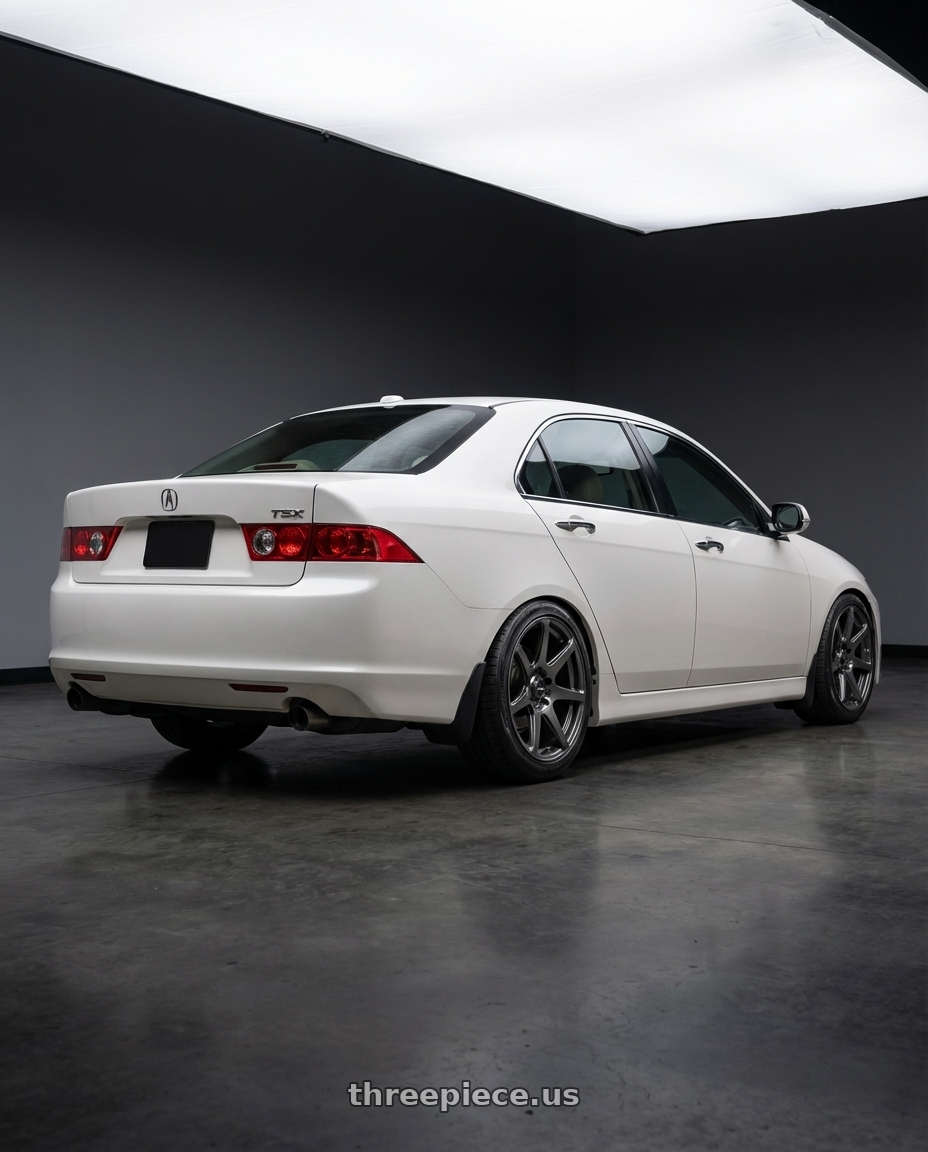 2005 Acura Tsx  with Konig Tandem 5x114.3 17x8+45 Gloss Graphite wheels rear three quarter view slight stretch tires