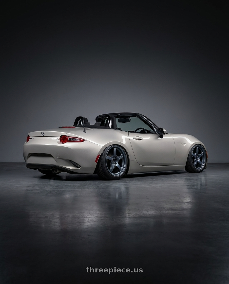 2021 Mazda MX-5 Miata ND with Gram Lights 57CR 5x114.3 17x9+12 Gunblue II wheels rear three quarter view slight stretch tires