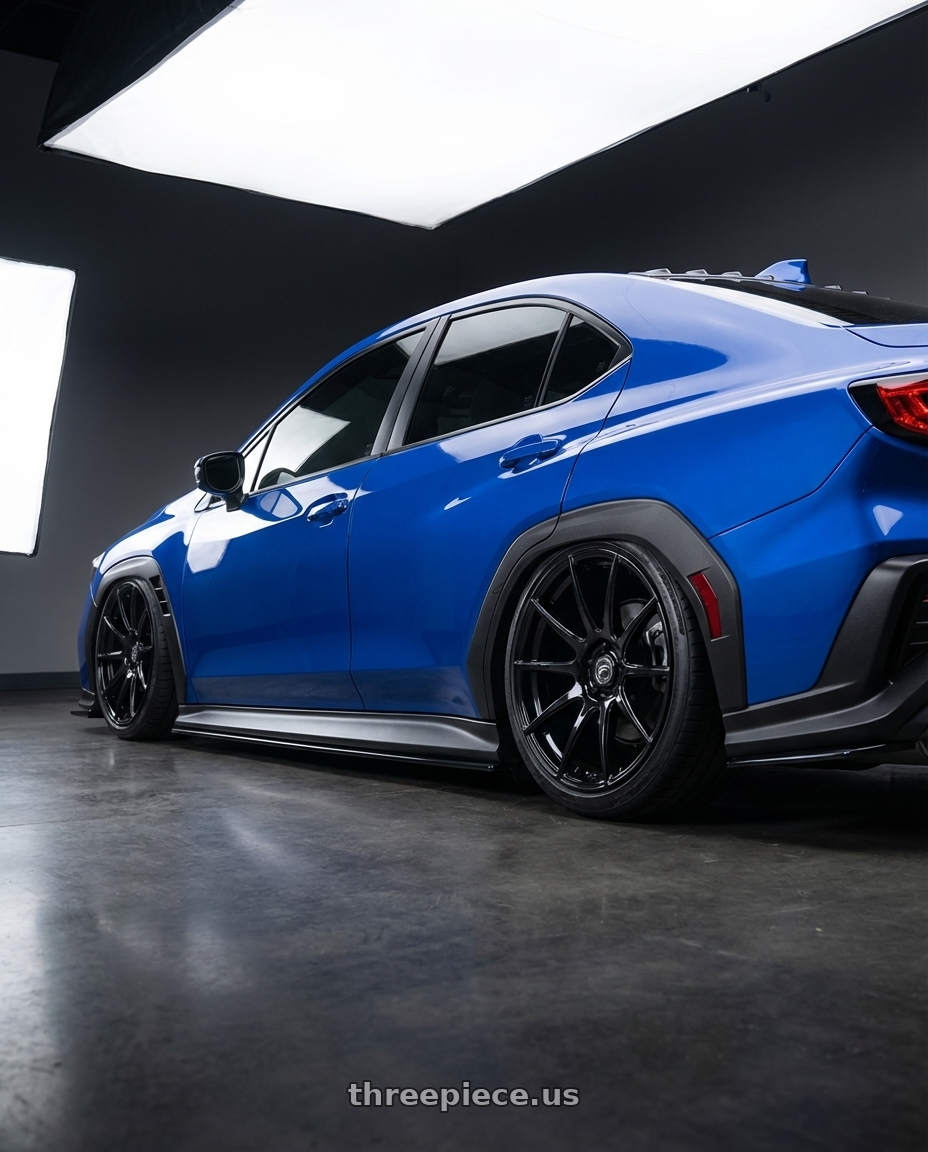 2024 Subaru WRX with Forgestar CF10 5x114.3 19x9.5 +29 Gloss Black wheels rear three quarter view slight stretch tires