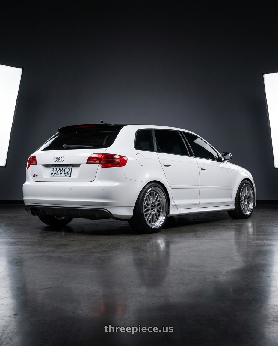 2010 Audi s3 with BBS LM 5x114.3 17x7.5+38 Diamond Silver wheels rear three quarter view square tires