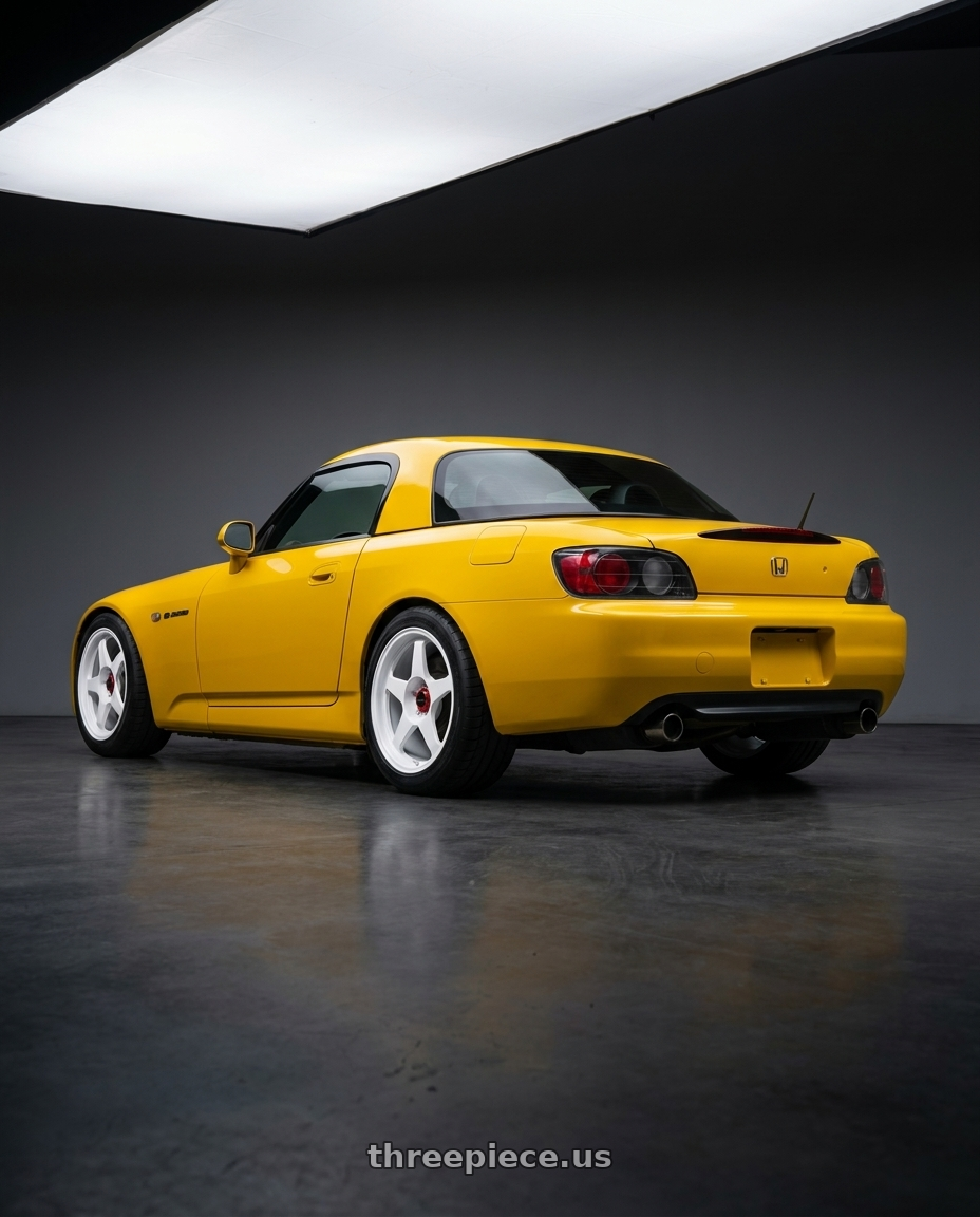 2000 Honda 66 with R6061 Forged R1 5x100 18X8.5 +35 Championship White wheels rear three quarter view square tires