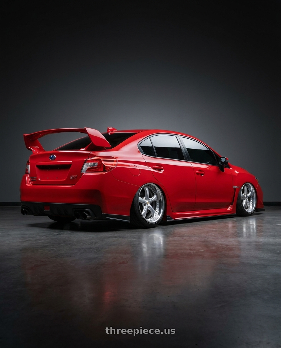 2015 Subaru STI with Work Wheels VS-KF 5x114.3 18x9.5+22 Light Grey Silver L Disk FULL REVERSE wheels rear three quarter view extreme stretch tires