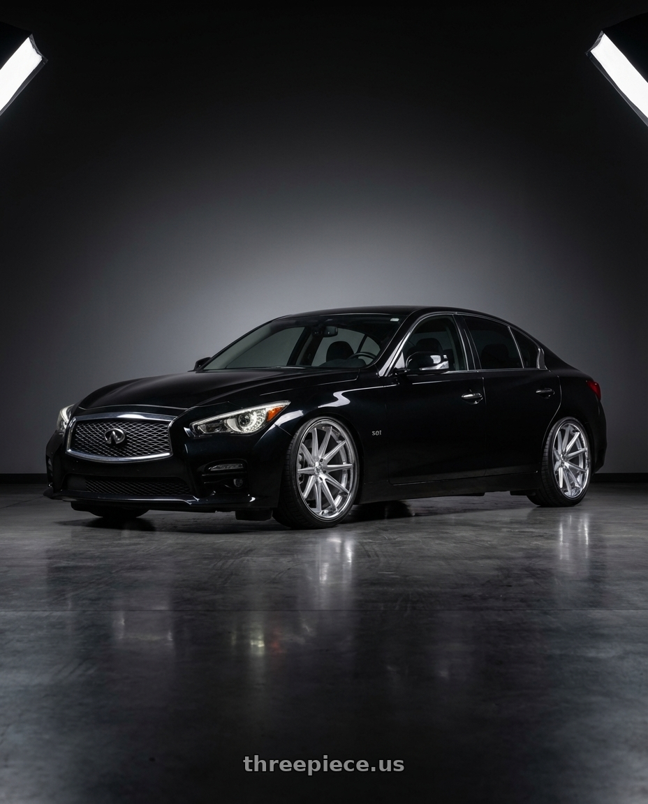 2020 Infiniti Q50, Black with Rohana RFC10 5x108 20x9+40 Machine Silver/Chrome Lip wheels front three quarter view slammed stance