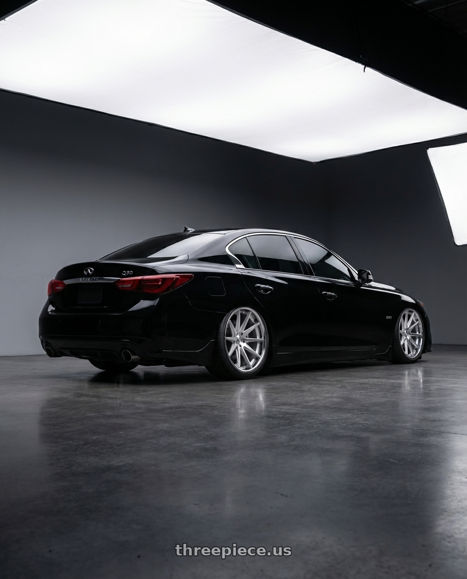 2020 Infiniti Q50, Black with Rohana RFC10 5x108 20x9+40 Machine Silver/Chrome Lip wheels rear three quarter view square tires