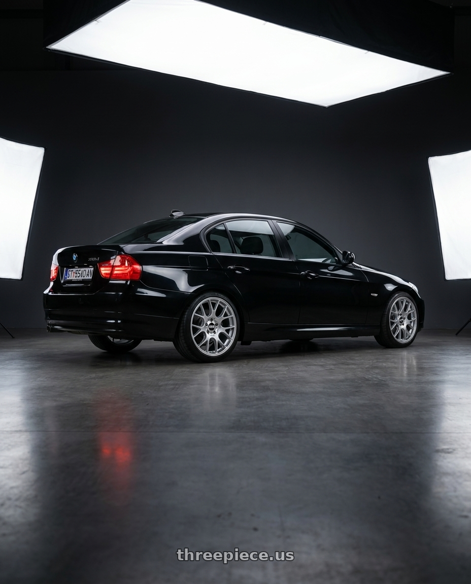 2011 BMW E90 318d Jet with BBS CH-R 5x120 20x10.5 +24 Brilliant Silver Polished Rim Protector wheels rear three quarter view square tires