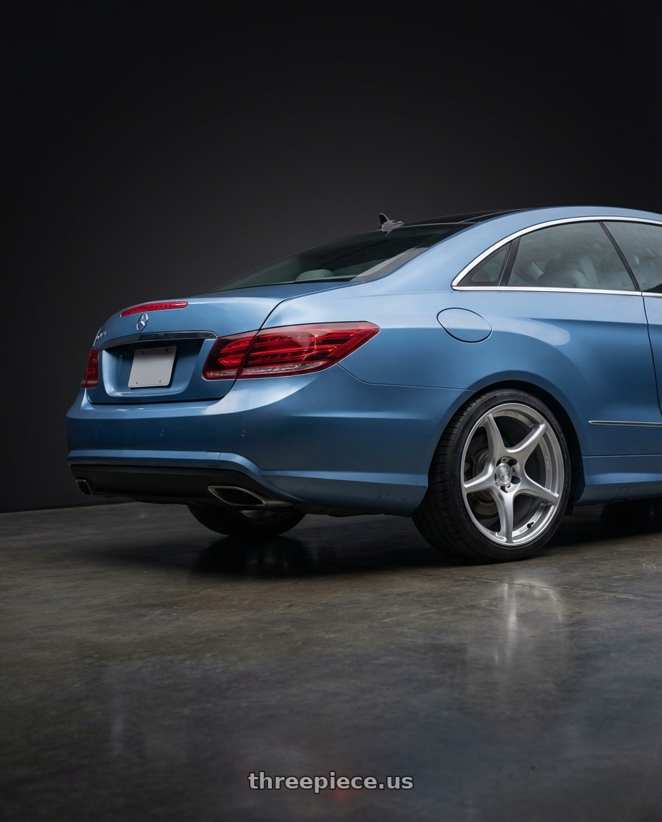 2014 Mercedes-Benz E-Class Coupe C207 with Kansei K11S Tandem 5X112 19x10.5 22 Hyper Silver wheels rear three quarter view square tires