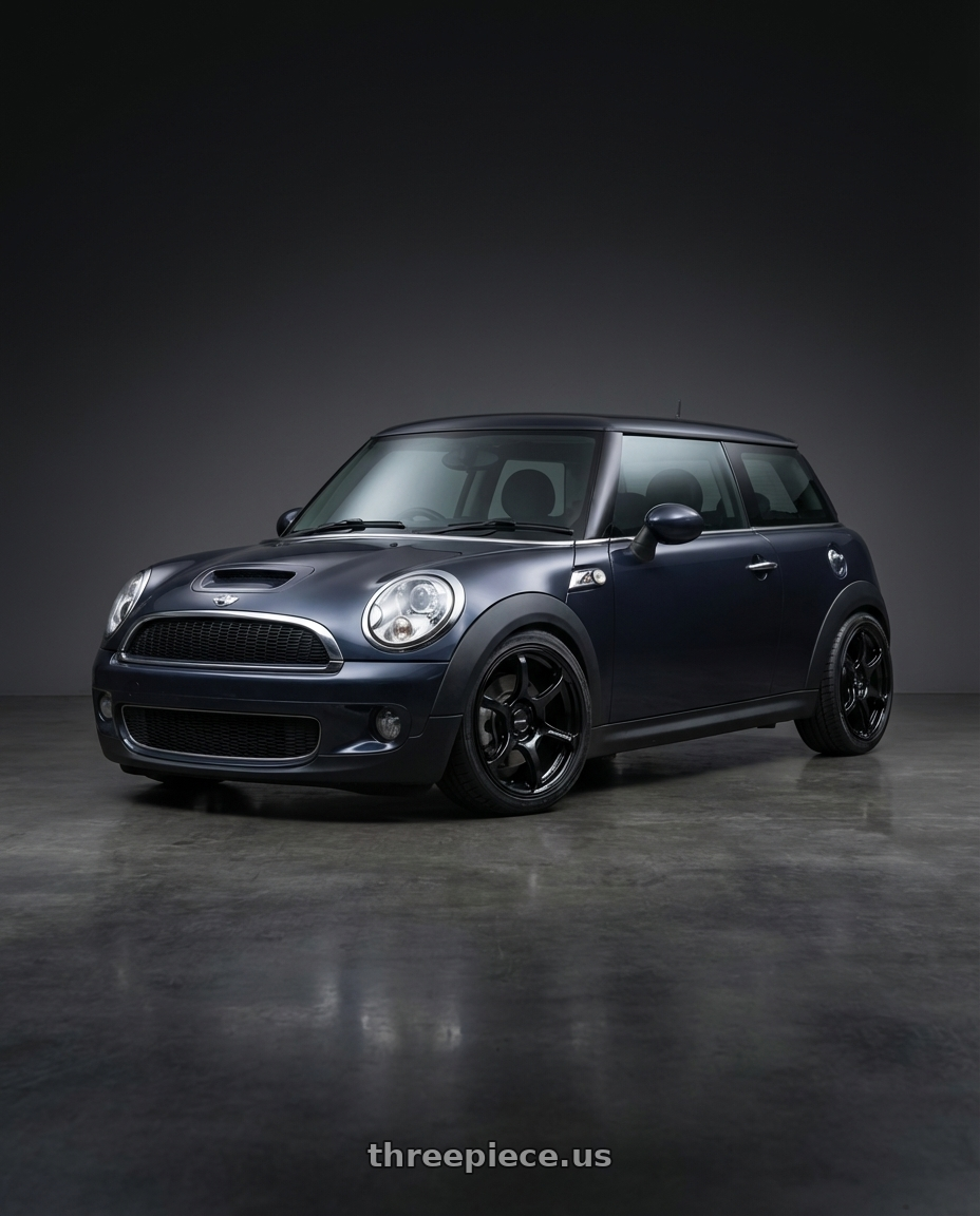 2010 Mini Cooper S R56 with Advan RGIII 4x100 17x7.0+47 Gloss Black wheels front three quarter view lowered stance
