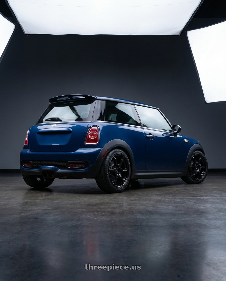2010 Mini Cooper S R56 with Advan RGIII 4x100 17x7.0+47 Gloss Black wheels rear three quarter view square tires