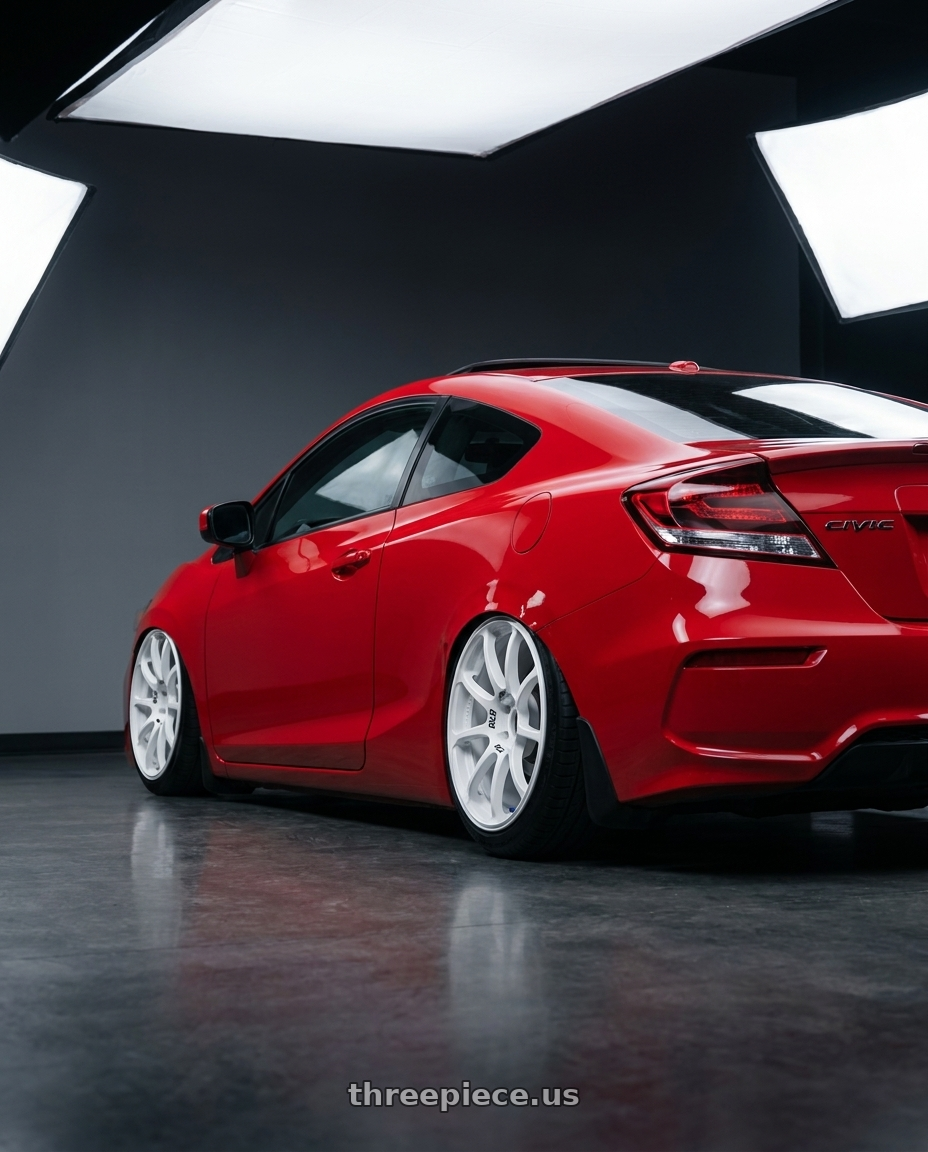 2011 Honda Civic Si with Advan RCIII 5x114.3 18x7.5+45 White wheels rear three quarter view slight stretch tires