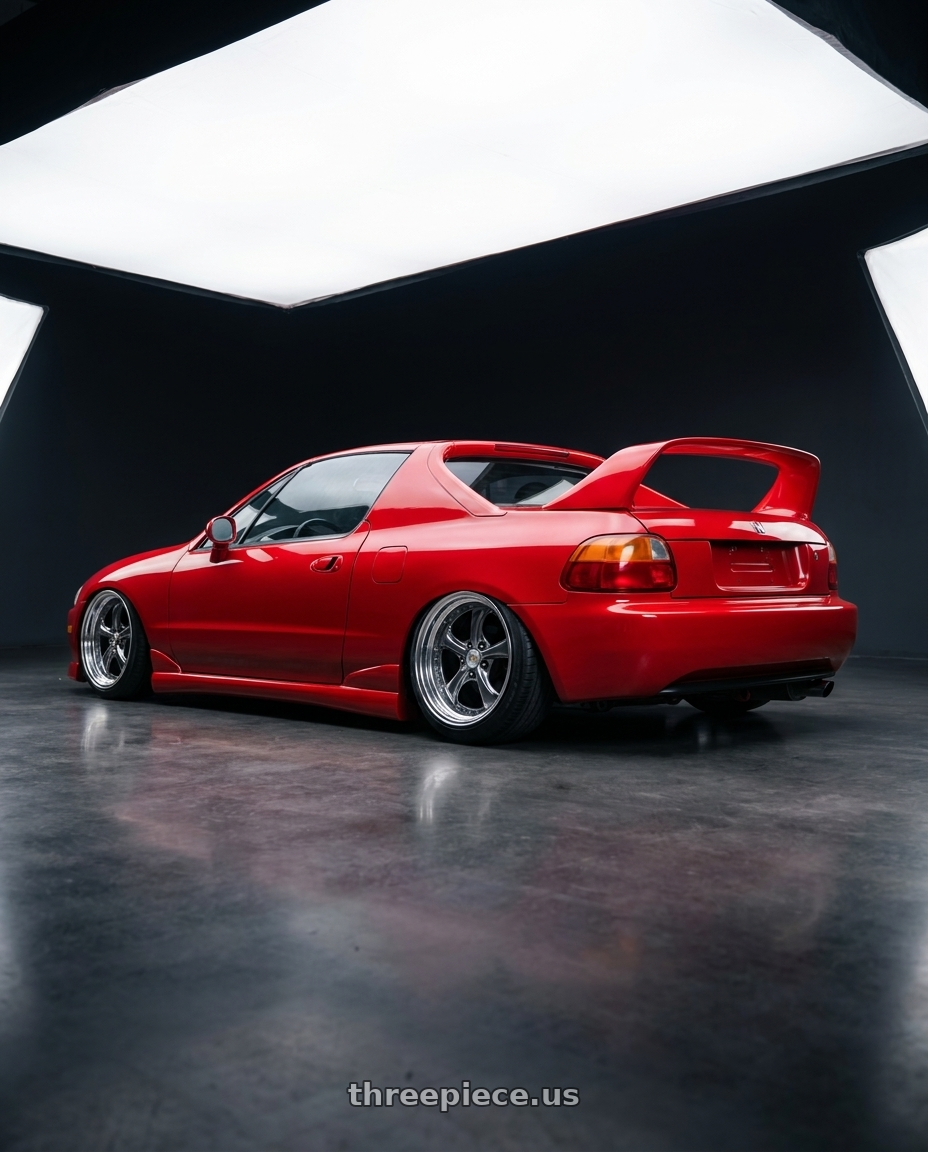 1993 honda del sol with Work Wheels VS-KF 5X114.3 19x7.5+34 Brilliant Silver Black A Disk FULL REVERSE wheels rear three quarter view slight stretch tires