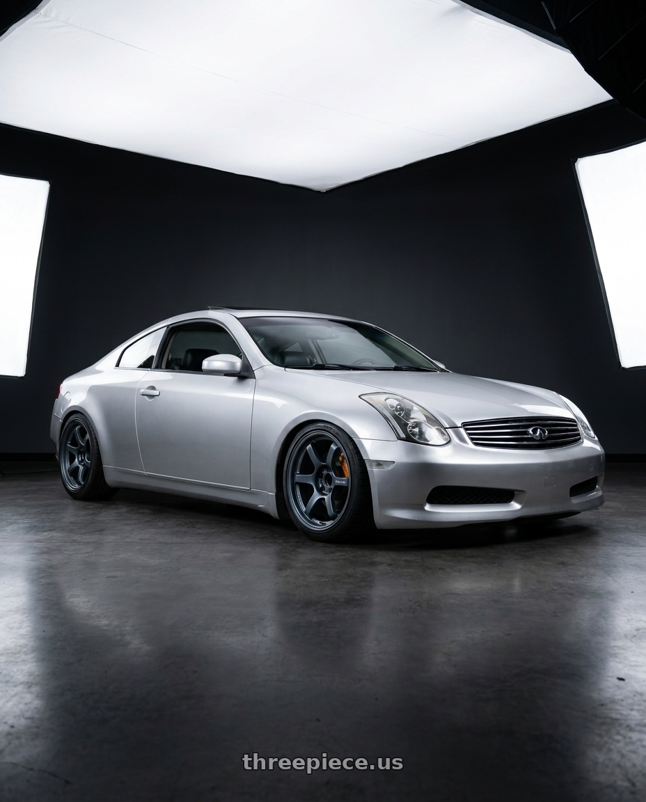 2005 infiniti g35 coupe, silver with Gram Lights 57DR 5x114.3 18x9.5+12 Gunblue II wheels