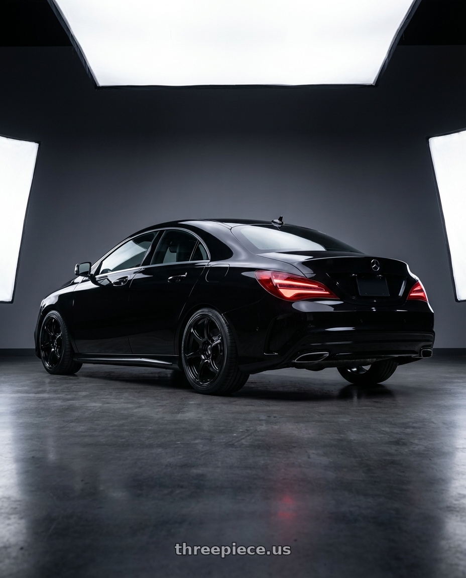 2018 Mercedes-Benz CLA C117 with Advan RGIII 5x112 19x8.5+45 Gloss Black wheels rear three quarter view square tires