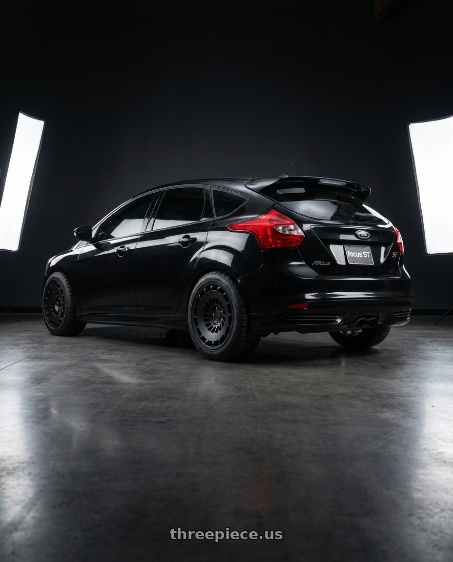 2013 focus st black with Rotiform 1PC R137 CCV 5X112 18X8.5 +45 MATTE BLACK wheels rear three quarter view meaty tires