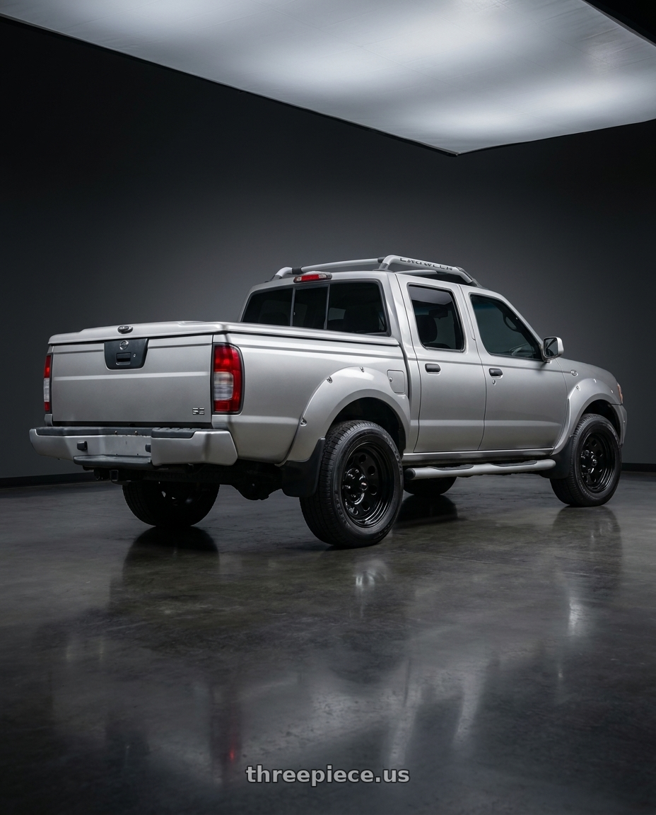 2001 Nissan frontier se crew with Vision HD 85H 5x139.7 15x7-6 Gloss Black wheels rear three quarter view square tires
