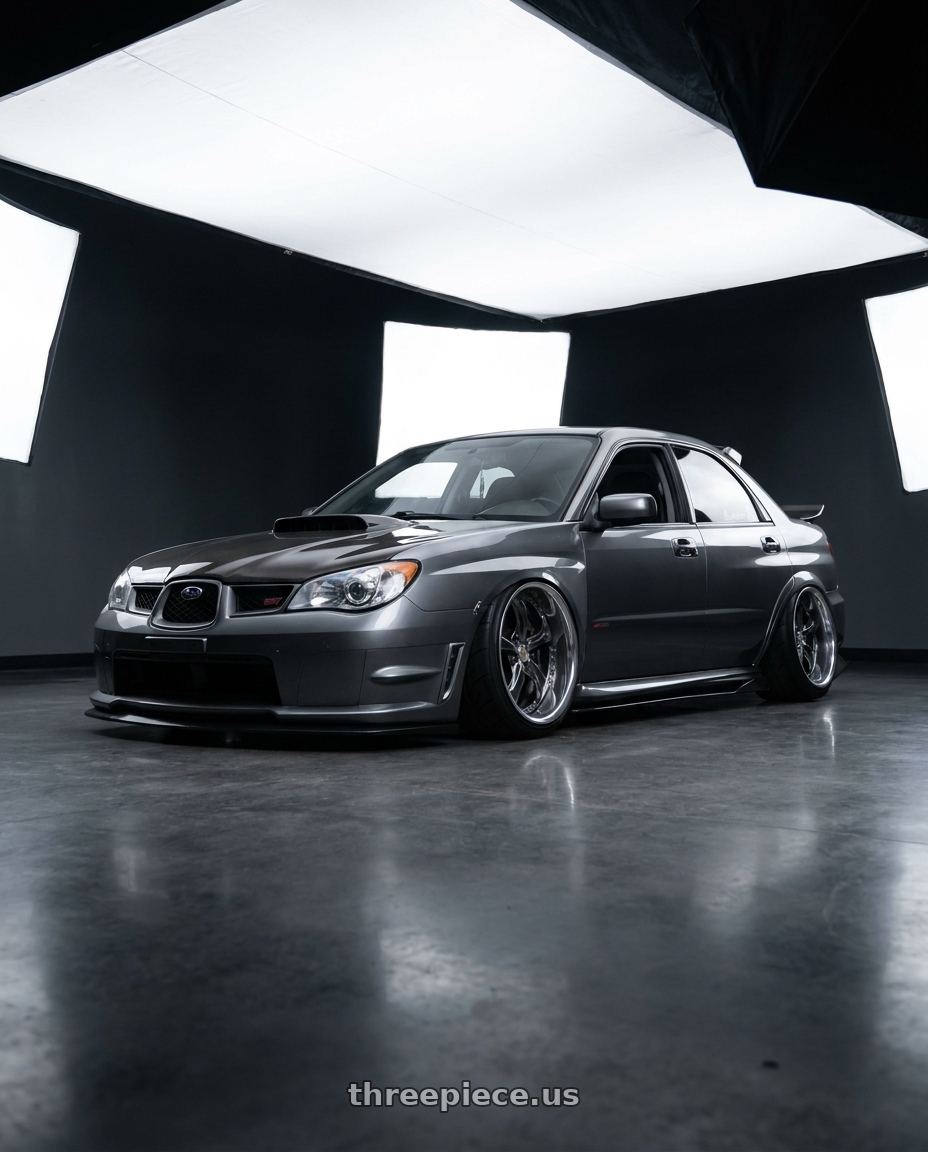 2007 Subaru wrx sti with Work Wheels VS-KF 5X114.3 19x8+2 Brilliant Silver Black A Disk FULL REVERSE wheels