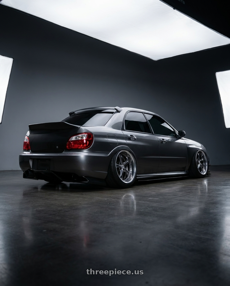 2007 Subaru wrx sti with Work Wheels VS-KF 5X114.3 19x8+2 Brilliant Silver Black A Disk FULL REVERSE wheels rear three quarter view excessive tires